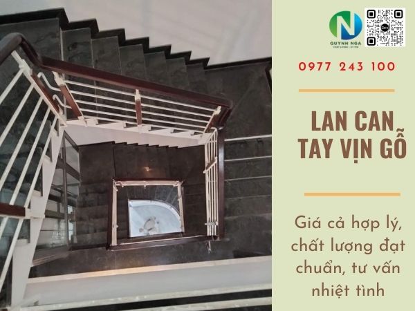 thi công lan can cầu thang sắt tay vịn gỗ